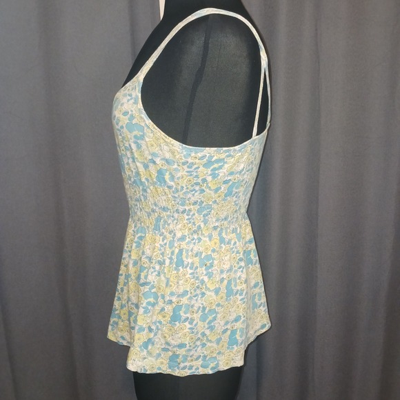 Floral Smocked Peplum Camisole Top Blue Yellow Dainty Double Strap Cottagecore L - Picture 5 of 5